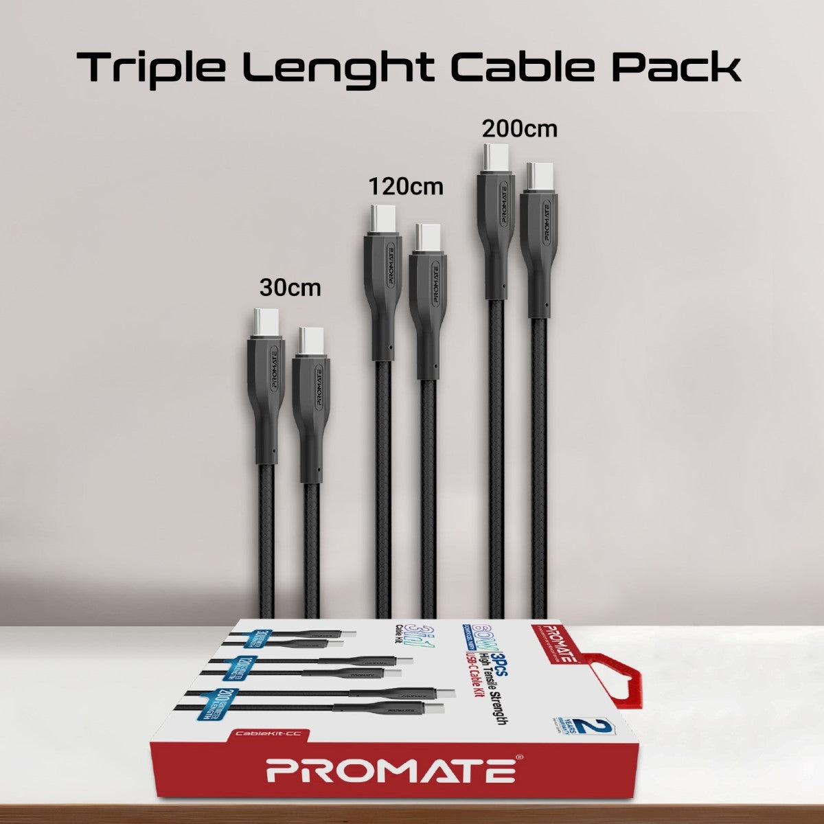 3Pcs High Tensile Strength Data & Charge USB-C Cable kit