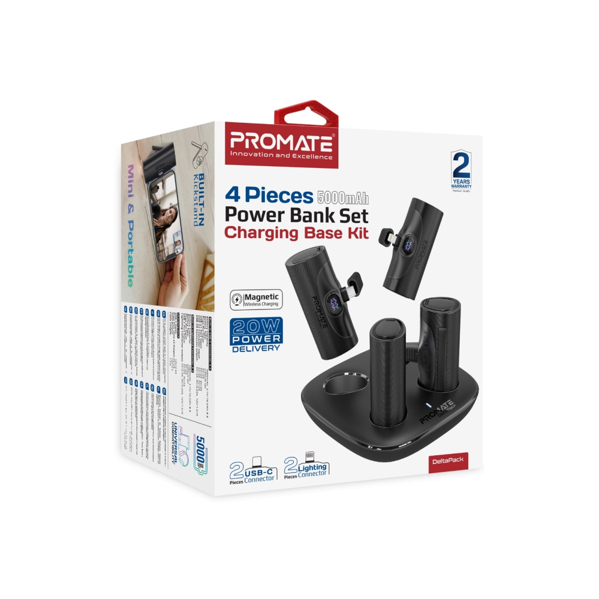 Ultracompacte 4-delige snellaad-powerbankset met ingebouwde USB-C- en Lightning-connectoren