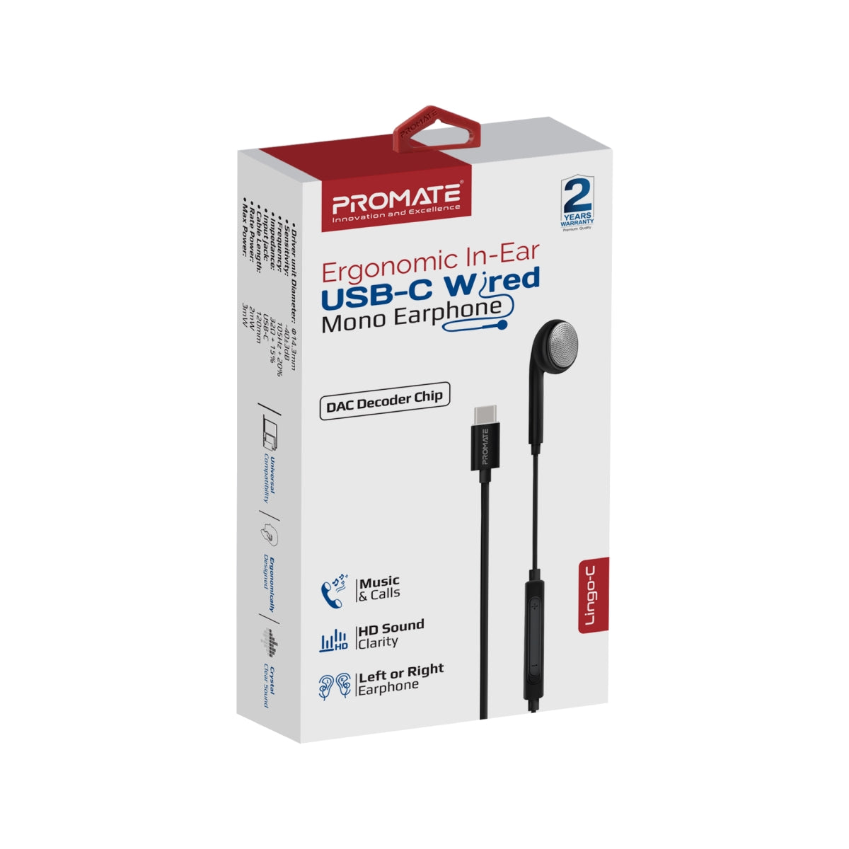 Ergonomischer In-Ear-USB-C-Mono-Kopfhörer mit Kabel