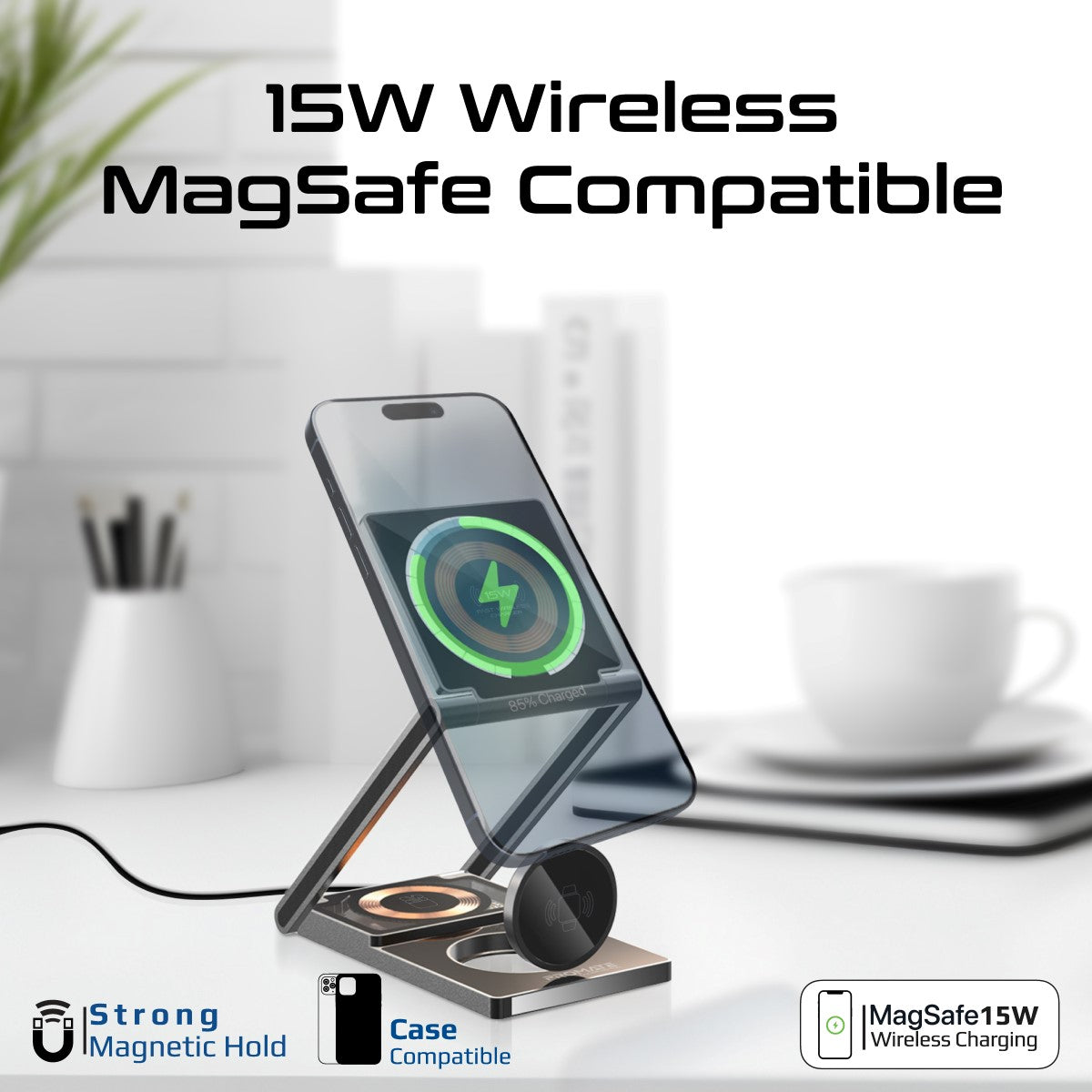 Ultraschlanke, transparente, faltbare 15-W-MagSafe-kompatible kabellose Ladestation