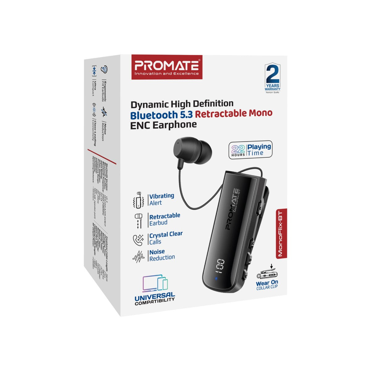 Dynamic High-Definition Bluetooth 5.3 Retractable Mono ENC Earphone