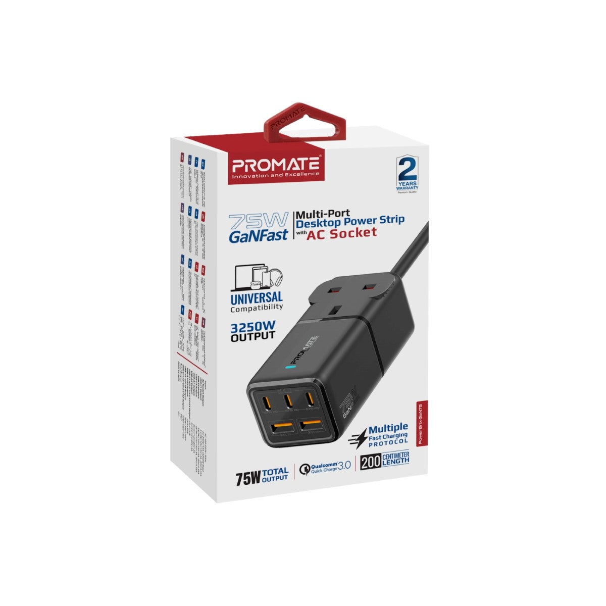 75W GaNFast Multi-Port Power Strip with AC Socket
