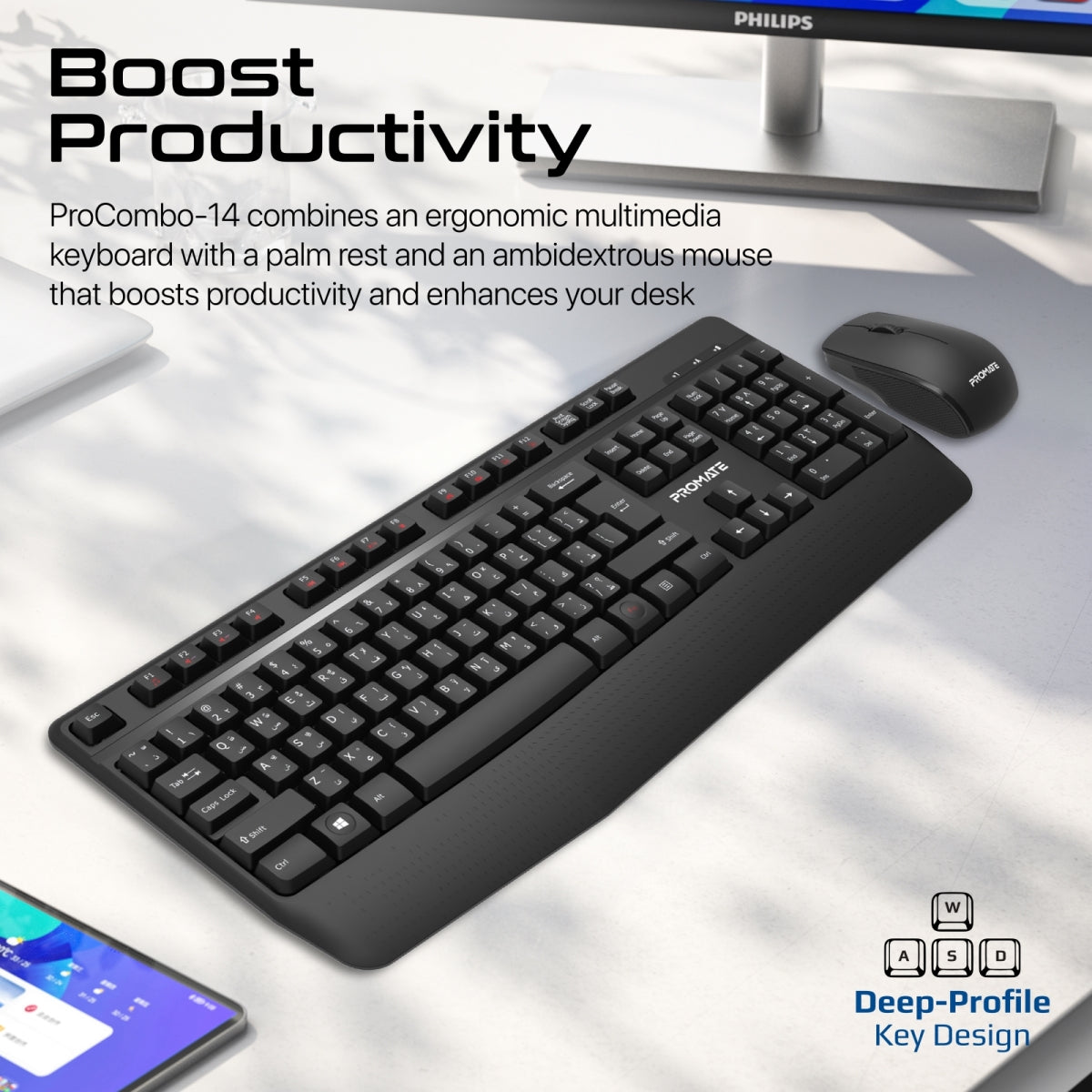 Ergonomische kabellose Multimedia-Tastatur mit Handballenauflage und beidhändig bedienbarer Maus