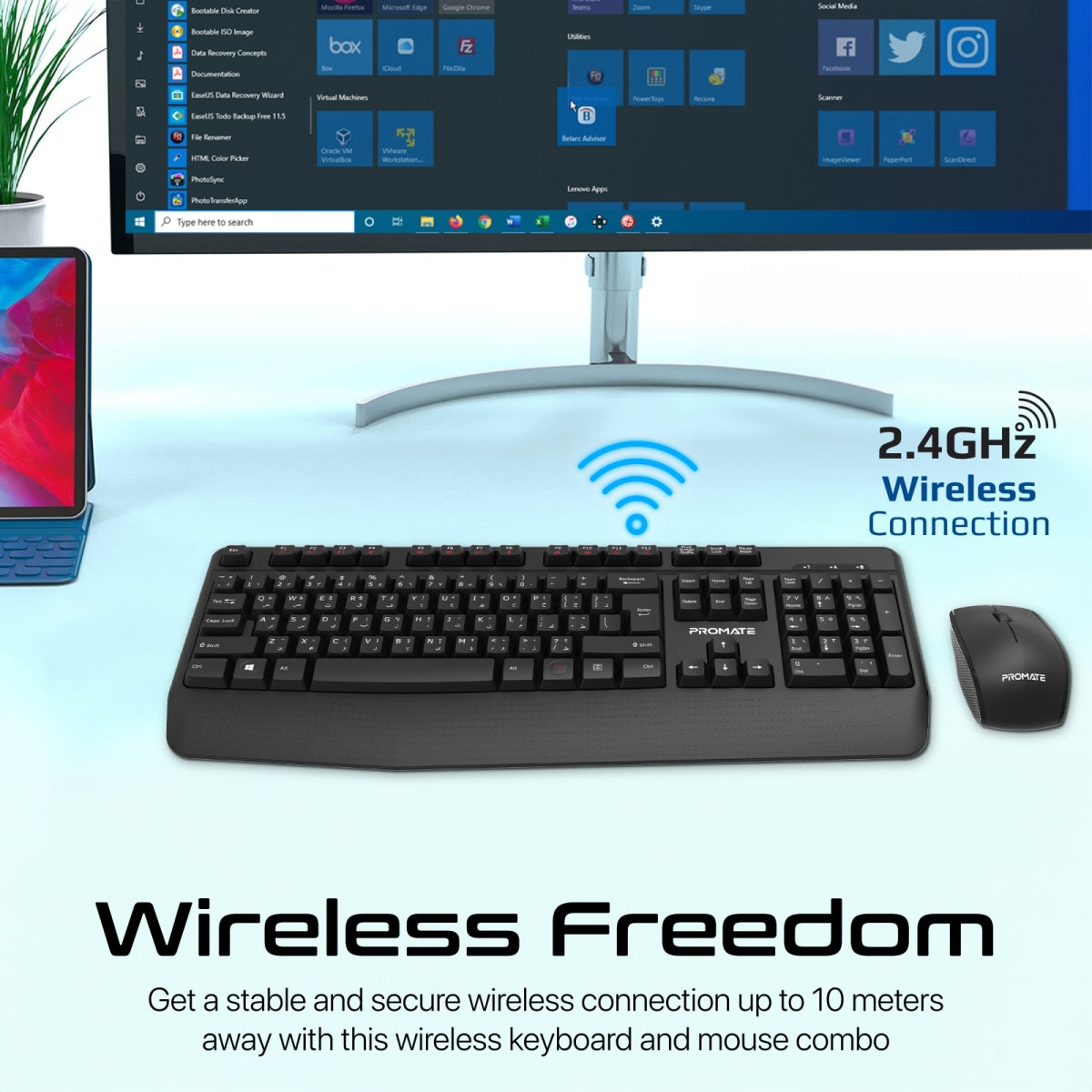 Ergonomische kabellose Multimedia-Tastatur mit Handballenauflage und beidhändig bedienbarer Maus