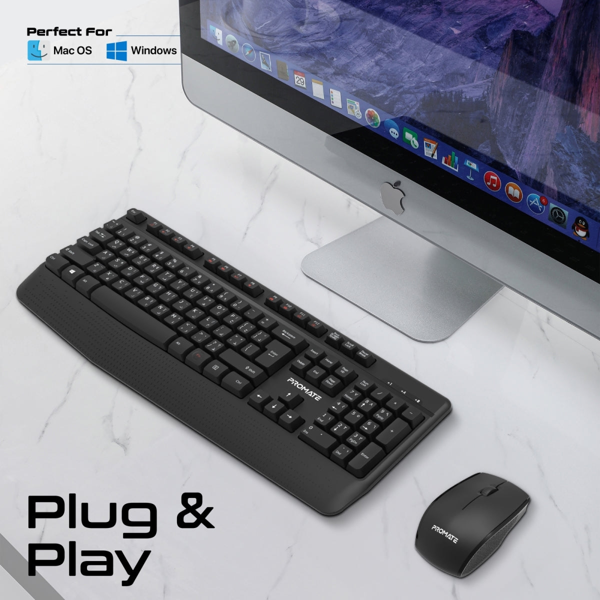 Ergonomische kabellose Multimedia-Tastatur mit Handballenauflage und beidhändig bedienbarer Maus