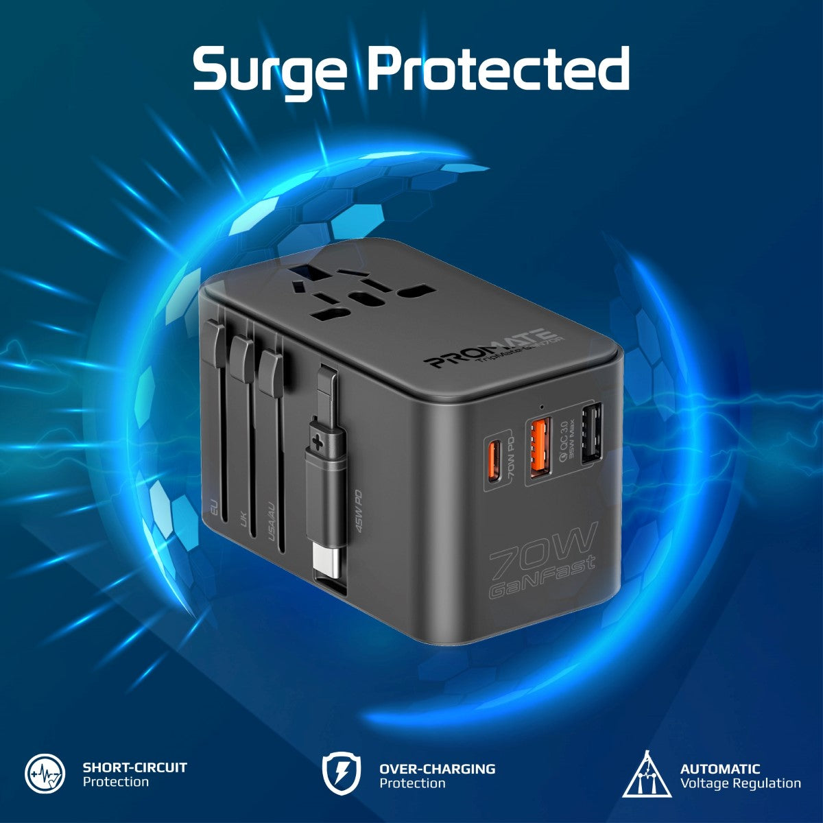 70W GaN Travel Adapter with Retractable Built-in USB-C Cable