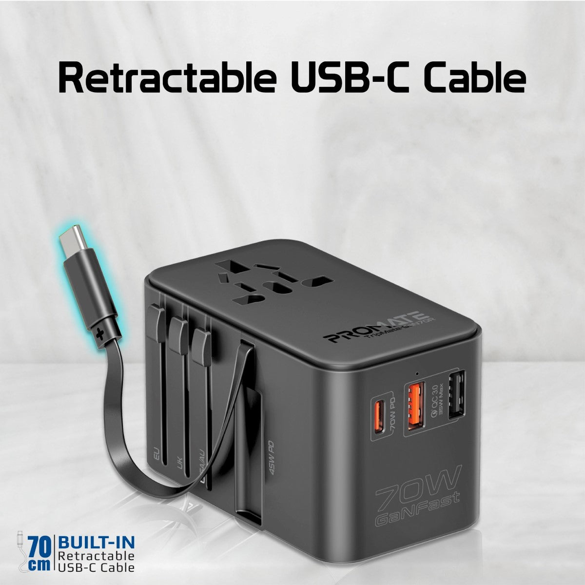 70W GaN Travel Adapter with Retractable Built-in USB-C Cable