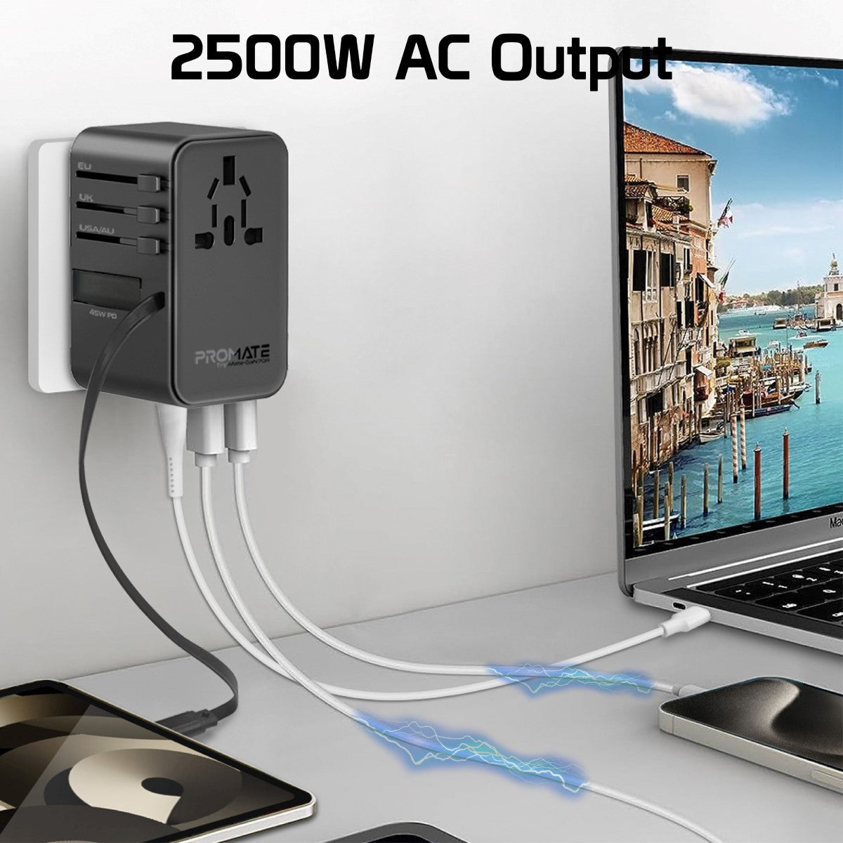 70W GaN Travel Adapter with Retractable Built-in USB-C Cable