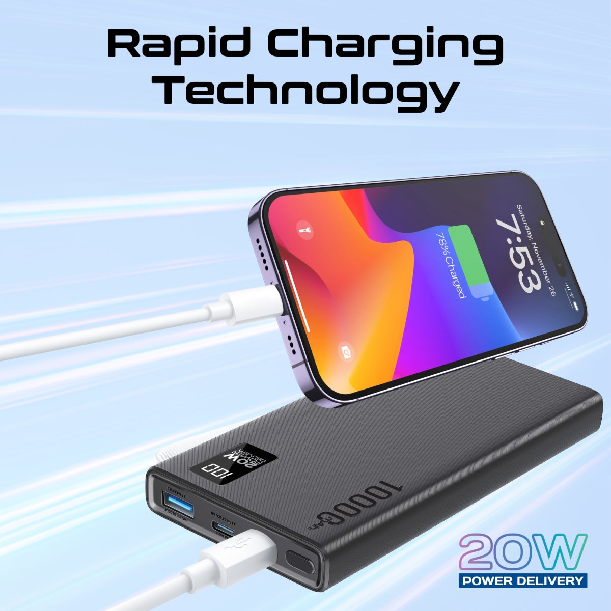 Compacte Smart Charging Power Bank met 20W PD Dual USB-C en 22,5W USB-A poorten
