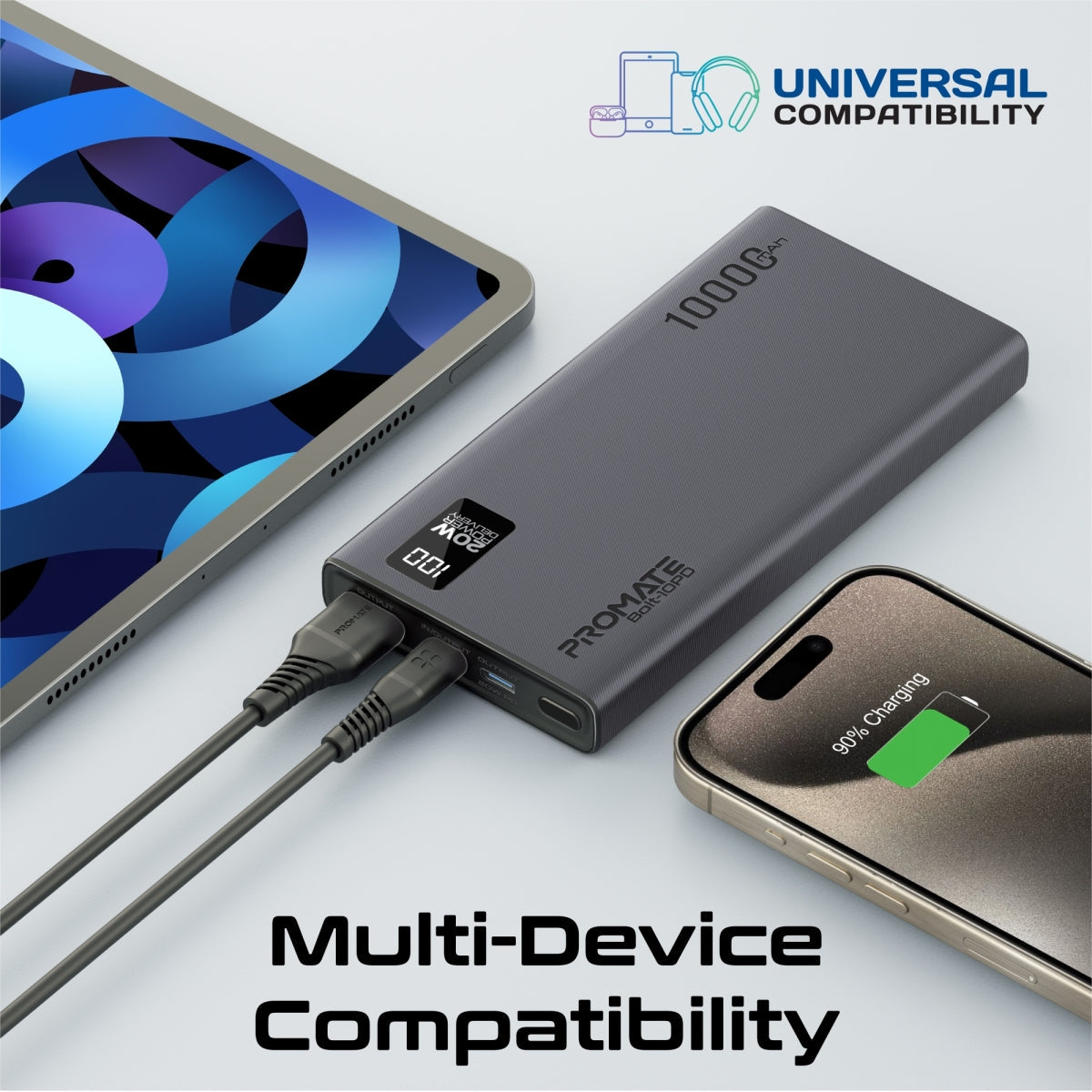 Compacte Smart Charging Power Bank met 20W PD Dual USB-C en 22,5W USB-A poorten