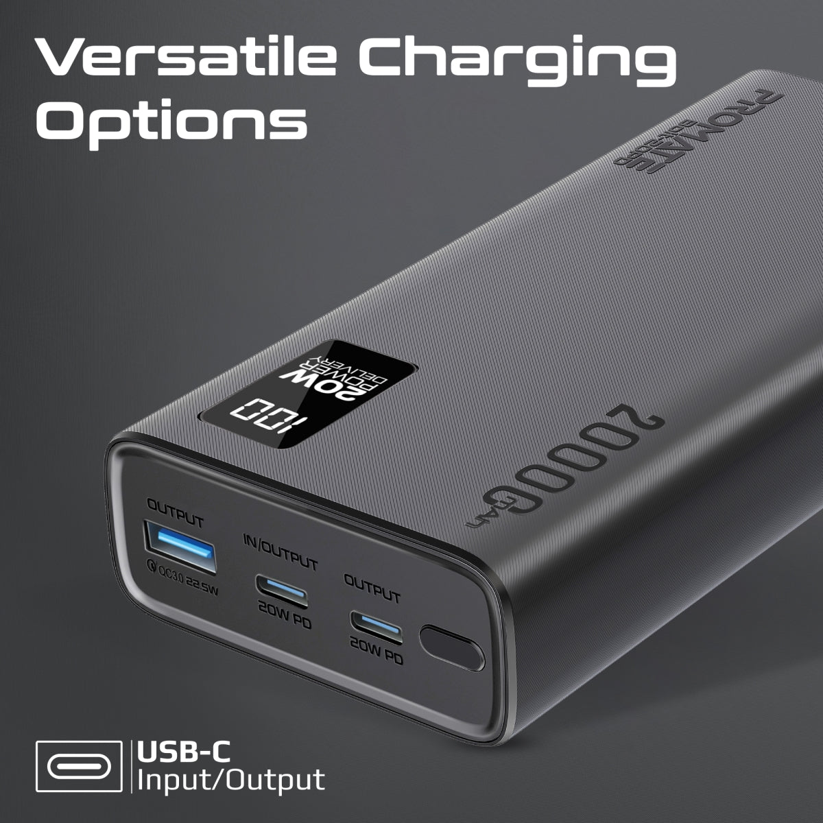 Compacte Smart Charging Power Bank met 20W PD Dual USB-C en 22,5W USB-A poorten