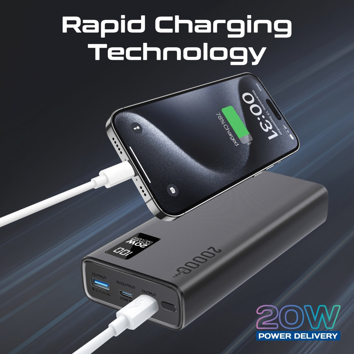Compacte Smart Charging Power Bank met 20W PD Dual USB-C en 22,5W USB-A poorten