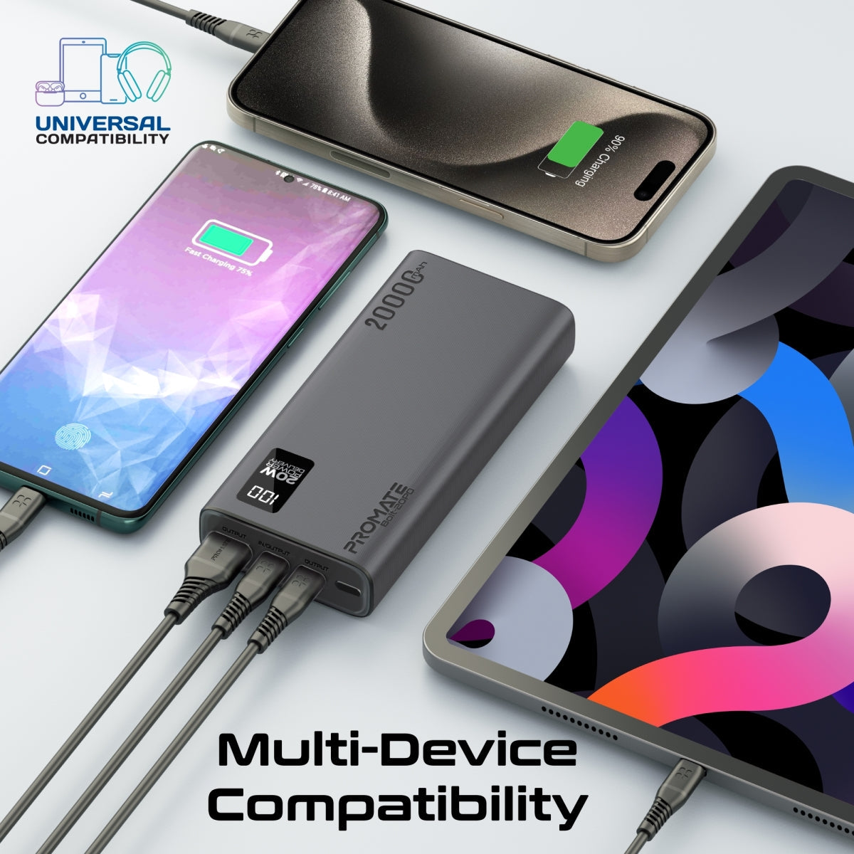 Compacte Smart Charging Power Bank met 20W PD Dual USB-C en 22,5W USB-A poorten