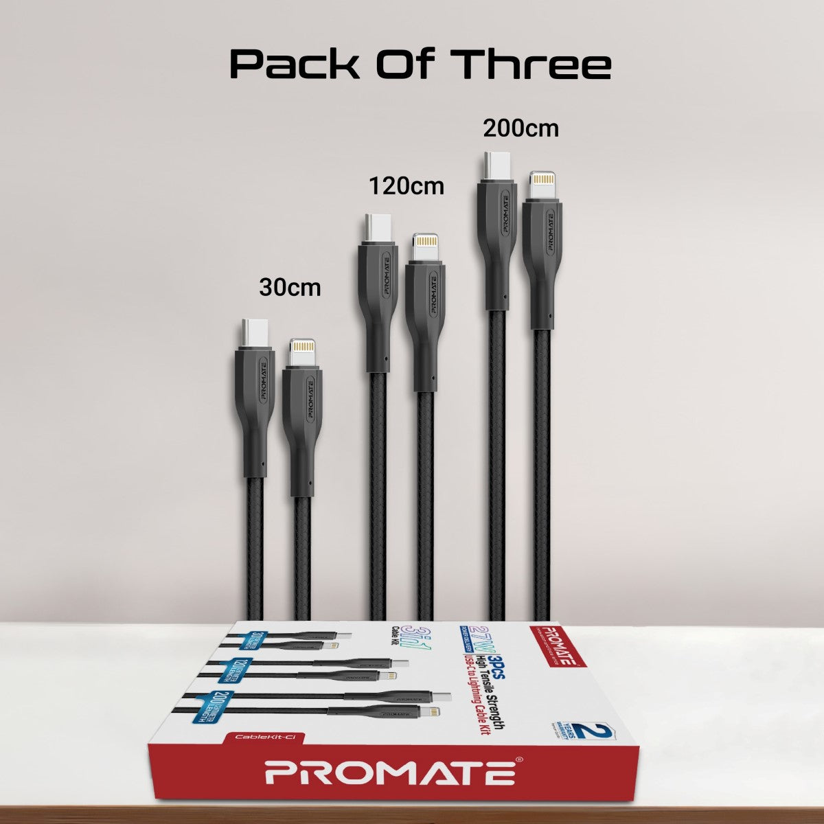 3Pcs High Tensile Strength 27W USB-C to Lightning Cable Kit