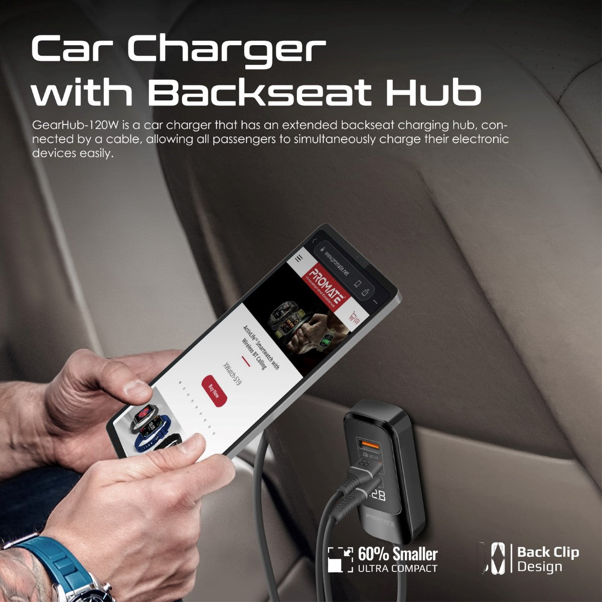 120-W-RapidCharge™-Autoladegerät mit Multi-Port-Ladestation für den Rücksitz