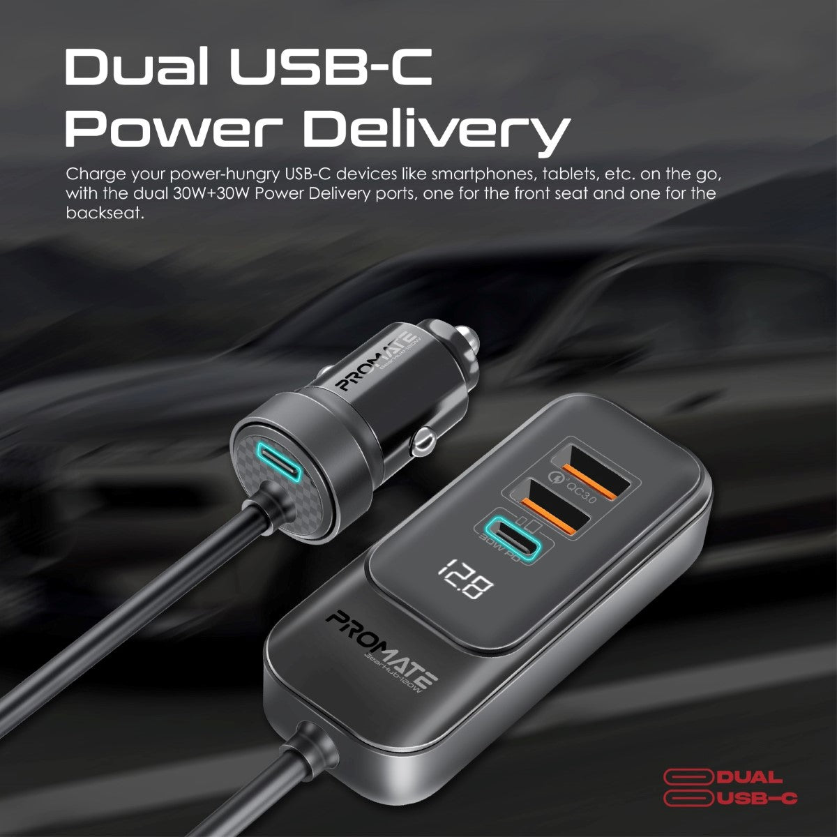 120-W-RapidCharge™-Autoladegerät mit Multi-Port-Ladestation für den Rücksitz
