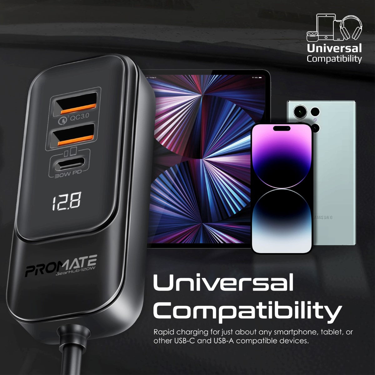 120-W-RapidCharge™-Autoladegerät mit Multi-Port-Ladestation für den Rücksitz