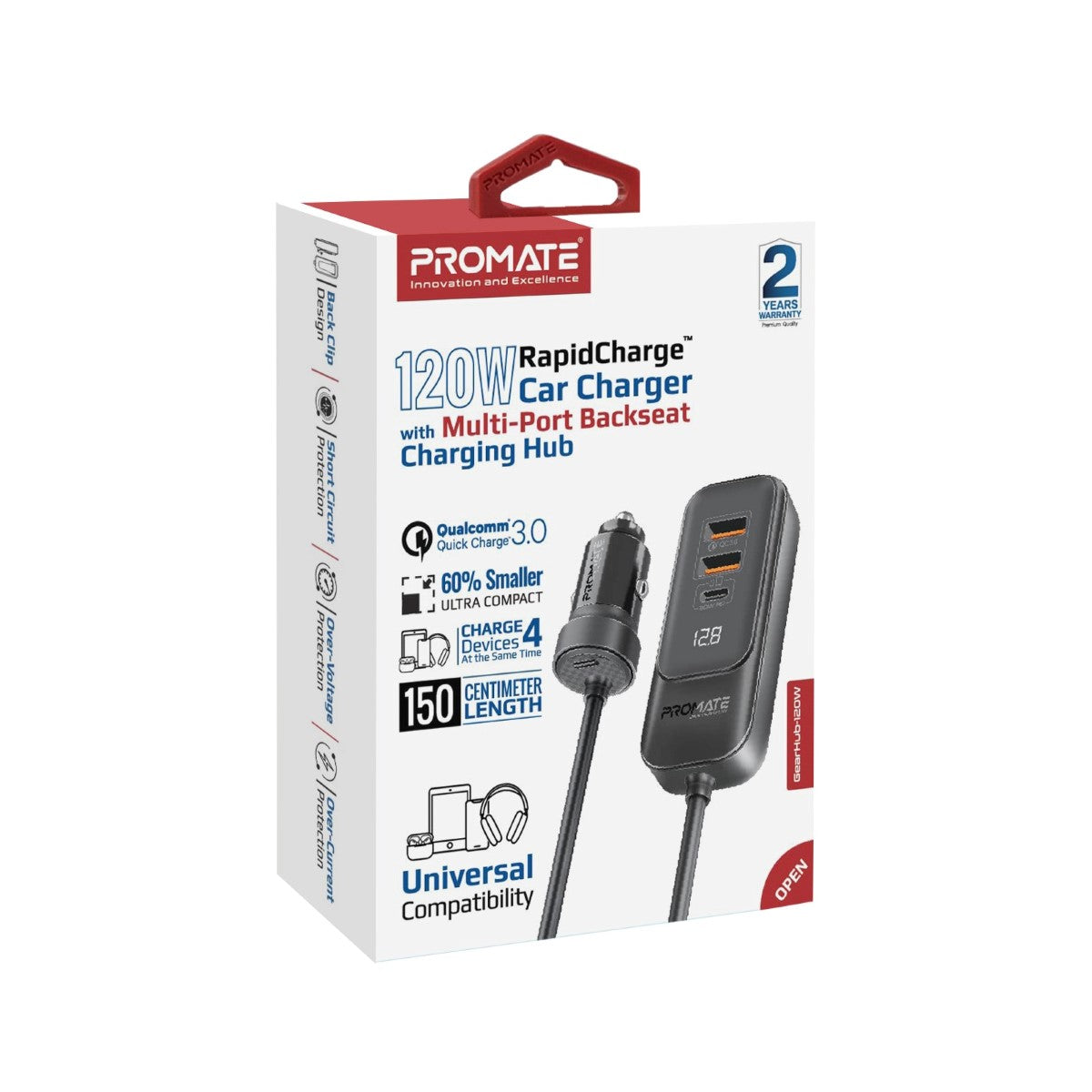 120-W-RapidCharge™-Autoladegerät mit Multi-Port-Ladestation für den Rücksitz