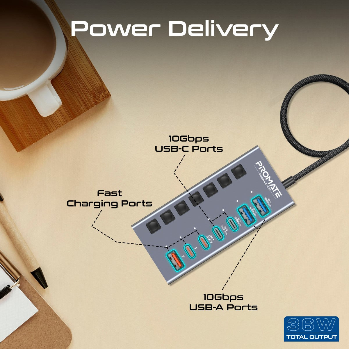 7-in-1-Hochgeschwindigkeits-Multiport-10-Gbit/s-Daten- und Lade-Hub
