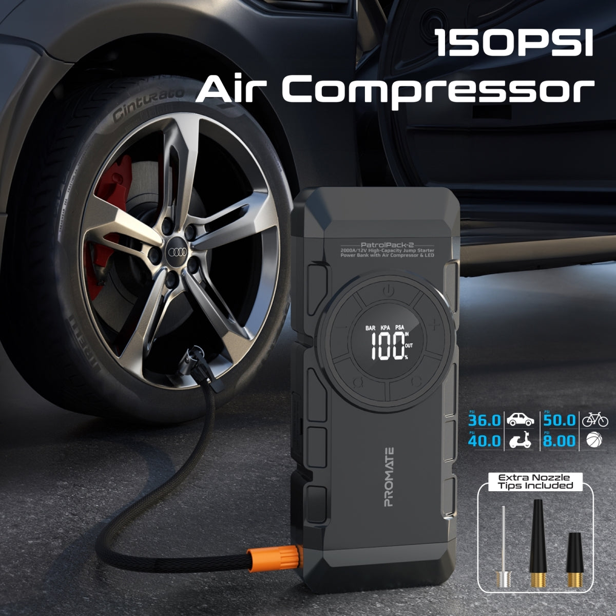 2000A/12V High-Capacity Jump Starter Power Bank with Air Compressor & LED Flashlight