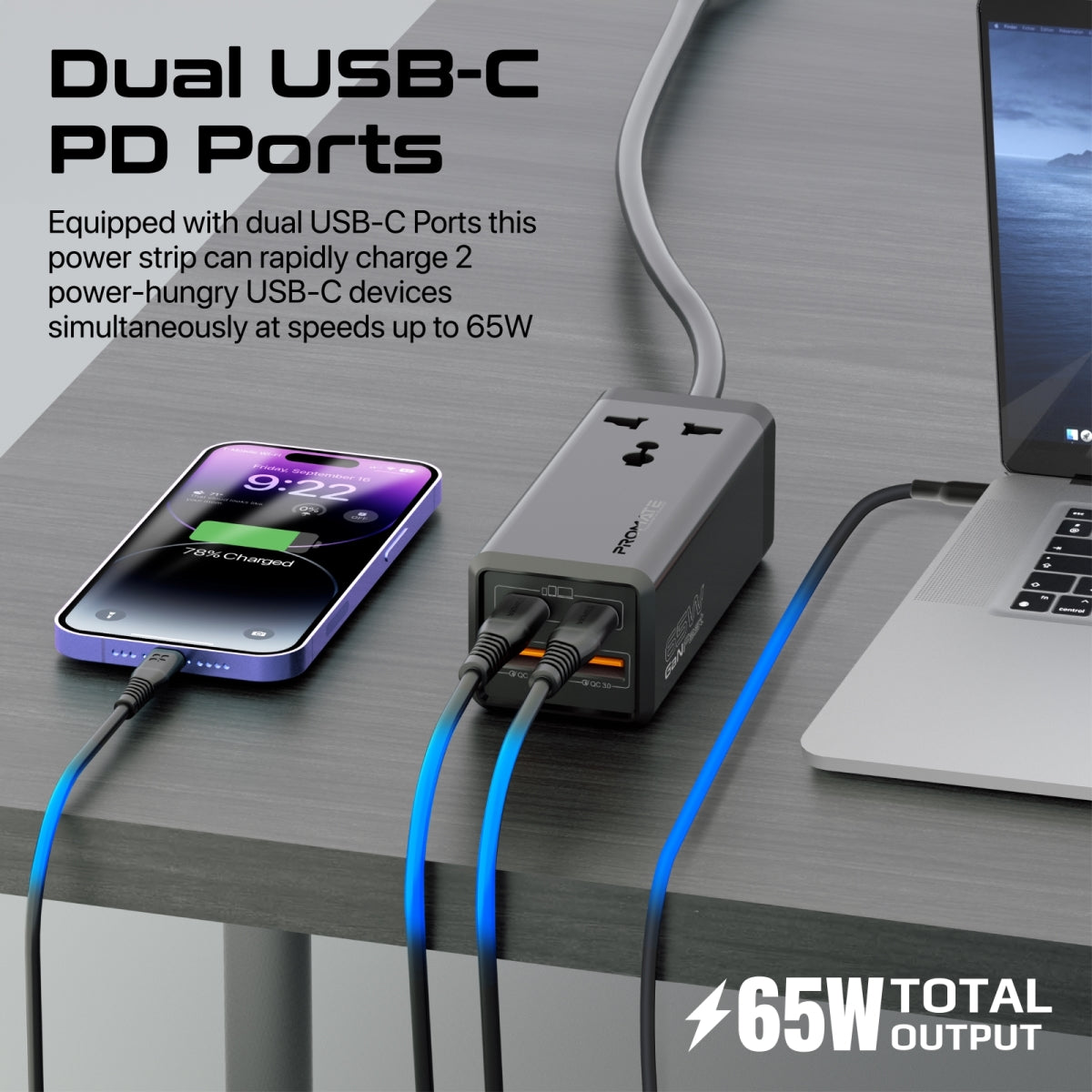 65W GaNFast™ Multi-Port stekkerdoos met universeel stopcontact