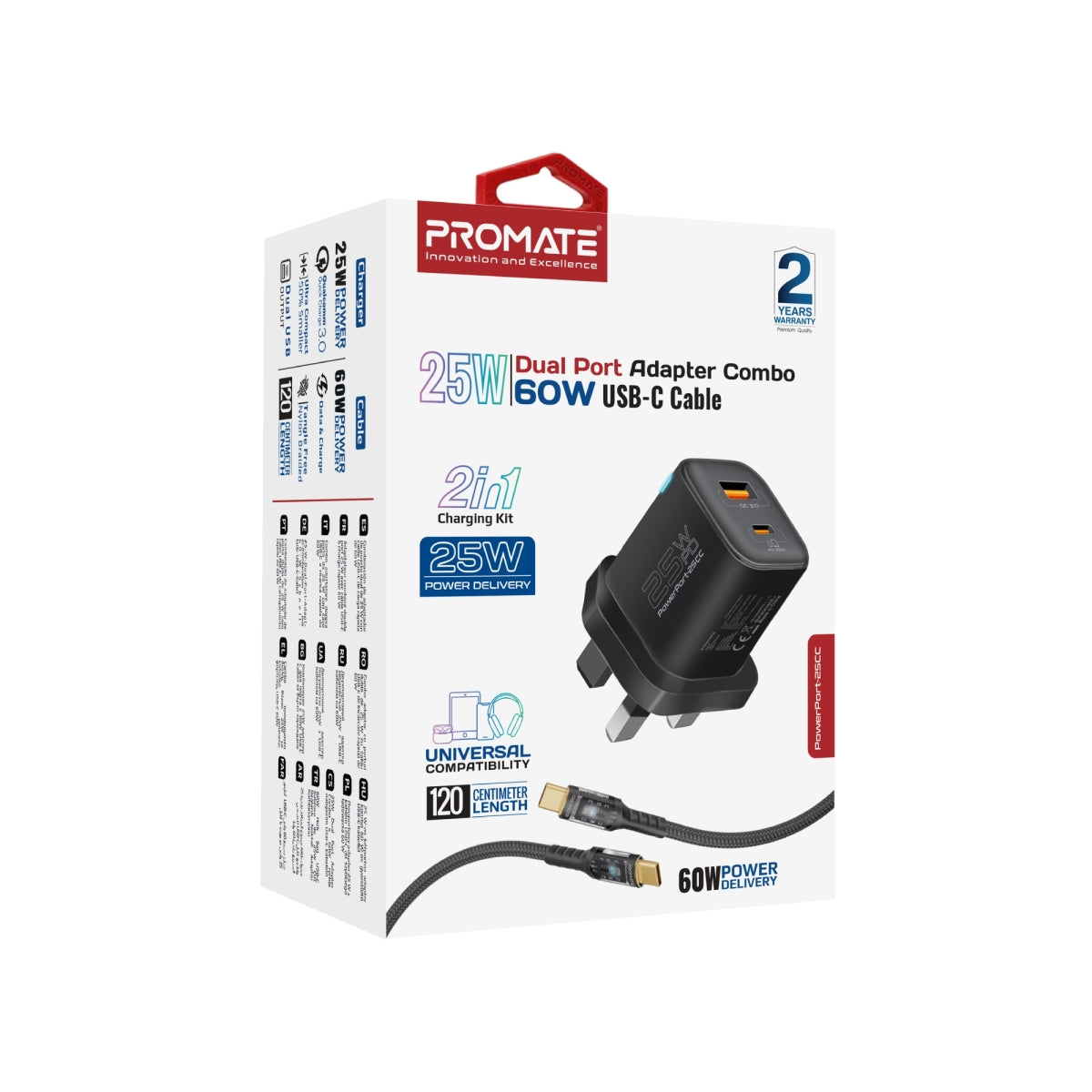 25W Dual Port Adapter Combo with 60W Fast Charging USB-C Cable