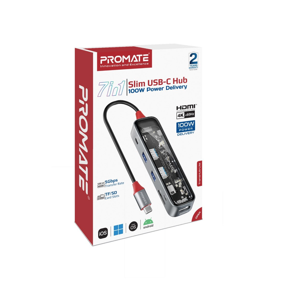 7-in-1 transparante multipoort slanke USB-C-hub met 100W Power Delivery